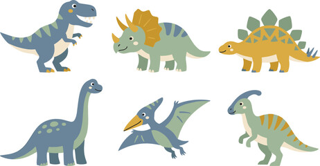 Cute Dinosaur Cartoon Character Vector Set with Cute Colorful Prehistoric Creatures for Kids Education Book and Pattern Designs © MdMohsin