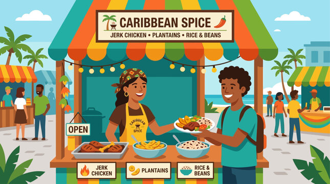 A vibrant flat design illustration depicting a bustling Caribbean food stall at Notting Hill Carnival, where a vendor serves delicious jerk chicken to a customer. 