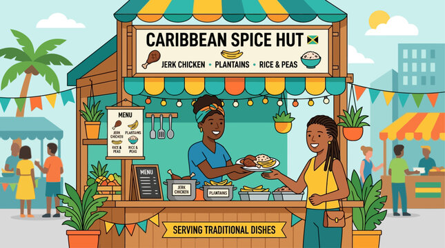 A vibrant flat design illustration depicting a bustling Caribbean food stall at Notting Hill Carnival, where a vendor serves delicious jerk chicken to a customer. 
