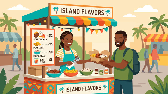 A vibrant flat design illustration depicting a bustling Caribbean food stall at Notting Hill Carnival, where a vendor serves delicious jerk chicken to a customer. 