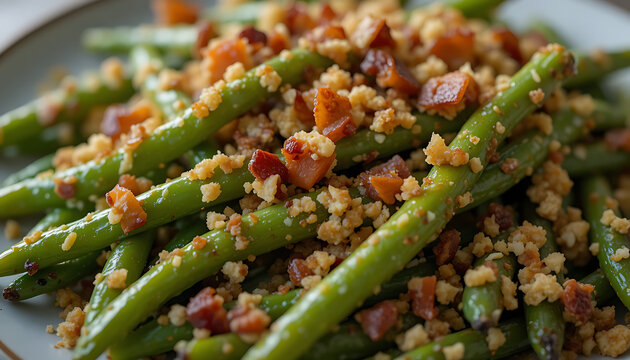 Green beans with couscous and crispy bacon bits on a plate food