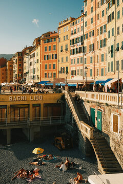 Typical Italian houses on the beach in italy, liguria, Camoglia
