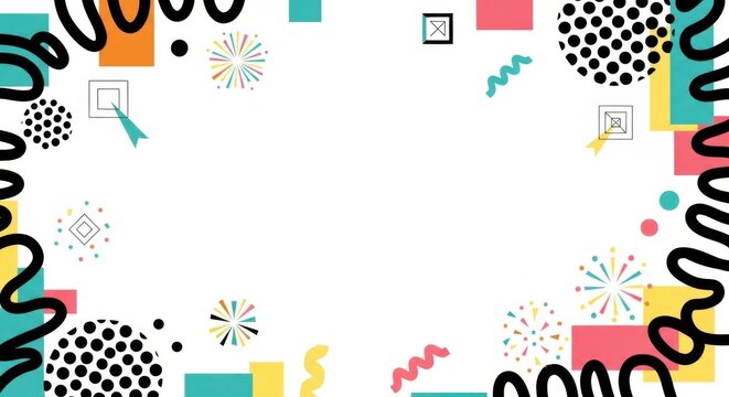 Abstract border frame with black curvy lines polka dots and fireworks on white background.