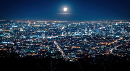 Obraz premium Breathtaking Night Panorama of an Illuminated Metropolis with a Full Moon in the Sky