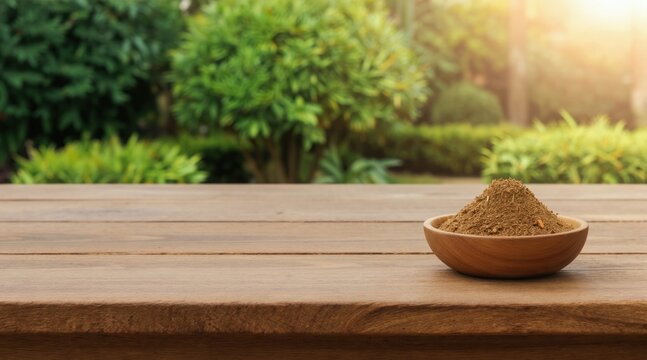 Wooden table with bowl of powder foreground. Green garden bokeh background, soft sun light. Natural herbal product display. Outdoor setting, blurred plants.