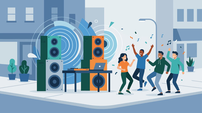 A powerful flat design illustration of a massive sound system setup at Notting Hill Carnival, featuring towering speakers and a DJ mixing music, with stylized bass vibrations. 