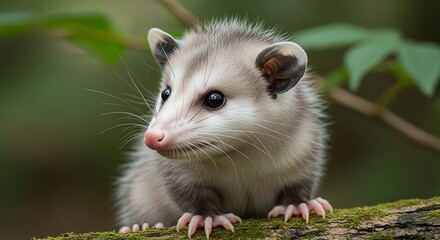 Fototapeta premium Small, fuzzy mammal with pointed snout and large eyes sits on a mossy branch