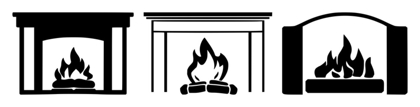 Fireplace set with solid black icon on white background featuring fire, hearth, chimney with minimalistic and line art illustration