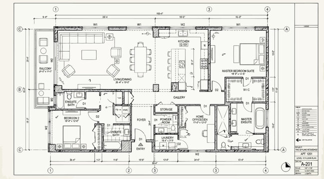 Architectural floor plan of a luxury penthouse apartment with two bedrooms, living room, kitchen, and balcony
