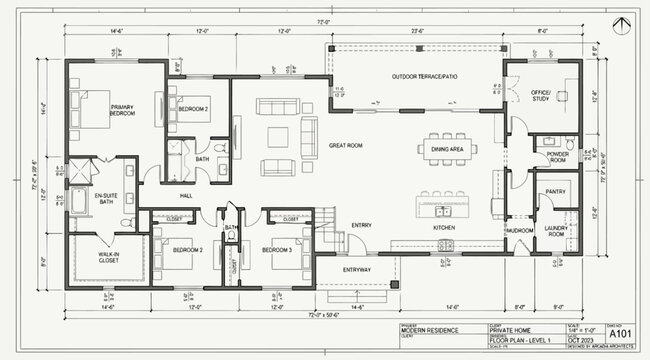 Architectural floor plan drawing of a modern residential home