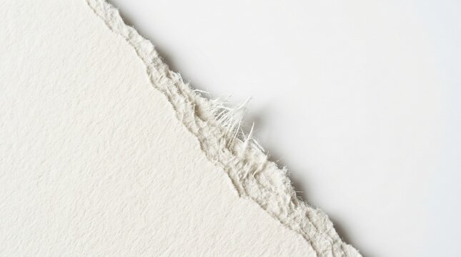 Torn white art paper texture with deckle edge and fibrous details