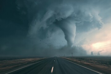 Fototapeta premium Powerful tornado sweeping across an open road with cooling towers