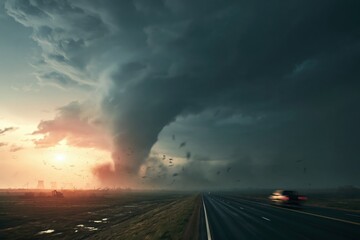 Fototapeta premium Powerful tornado sweeping across highway at sunset