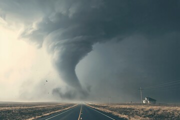 Fototapeta premium Powerful tornado sweeping across a long rural road
