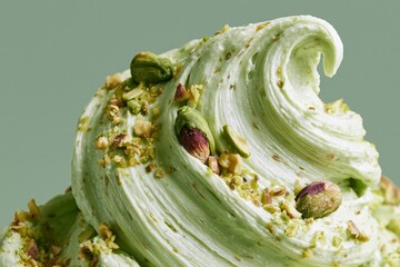 Obraz premium Macro close-up of thick pistachio cream with visible crushed pistachios and a smooth, swirled texture on a light green background