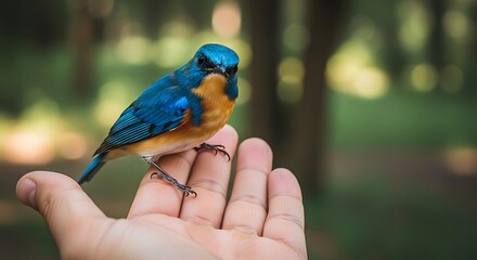 Fototapeta premium Small, bright blue and orange bird perched on an open, human hand in a forest