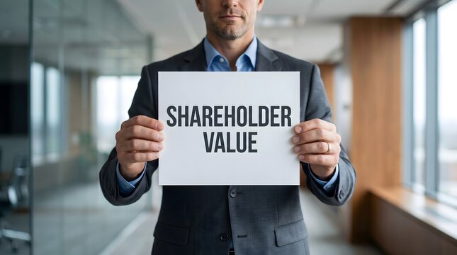 Businessman holding sign with shareholder value text in modern office