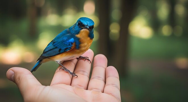 Small, bright blue and orange bird perched on an open, human hand in a forest