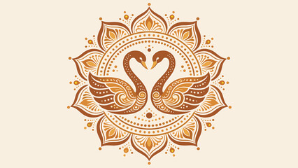 Ornate illustration of two swans forming a heart within a decorative mandala pattern, in warm brown and gold tones. © Fila