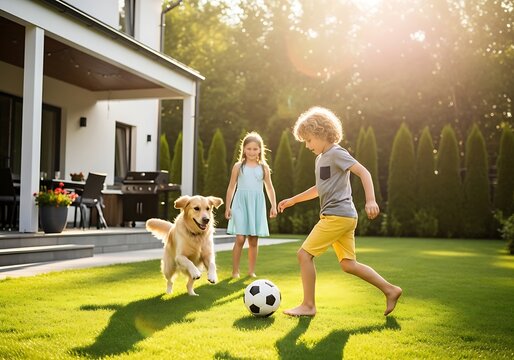 Happy children and a golden retriever playing soccer in a sunny backyard with warm golden light