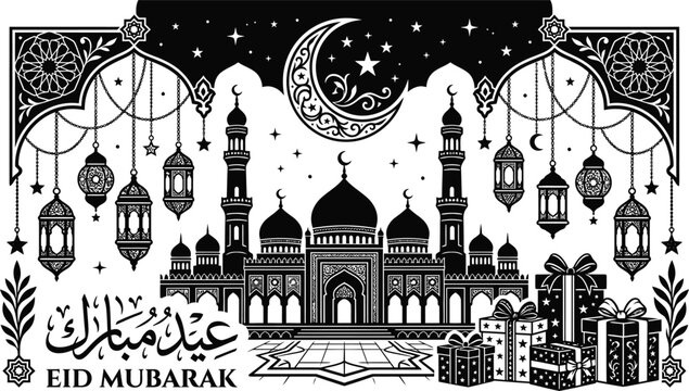 Festive eid mubarak and ramadan kareem arabic calligraphy with mosque gifts moon stars lanterns, black and whi