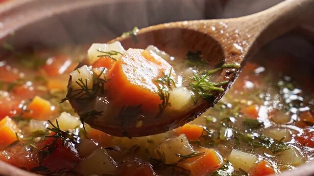 A close-up shot of a wooden spoon lifting steaming, chunky vegetable soup with carrots, potatoes, and fresh dill from a rustic pot.