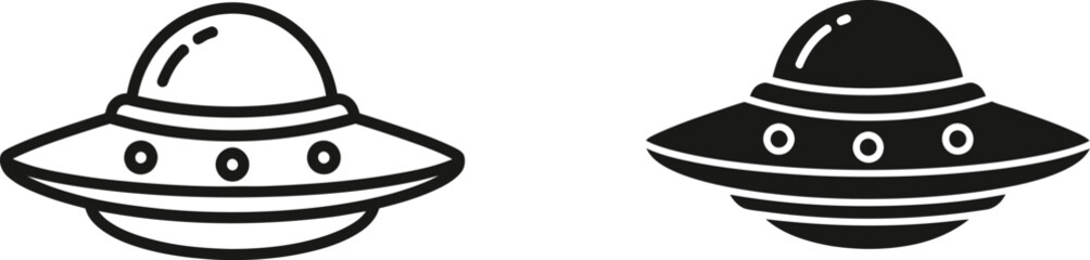 Flying saucer icon in outline and solid black on white background for science fiction concepts © Mahmud