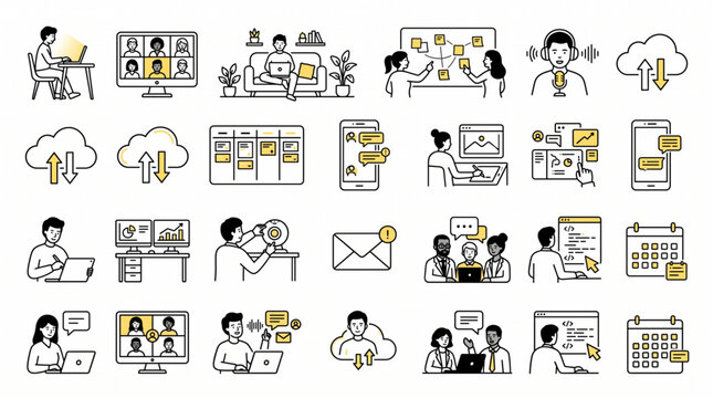 People working on computers and collaborating in office environment with technology