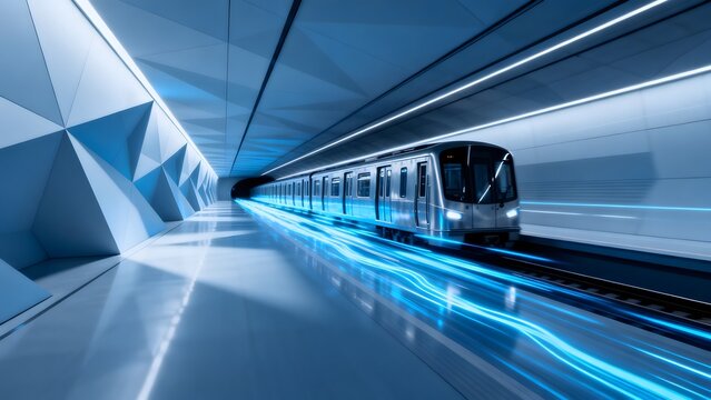 Modern train in futuristic tunnel