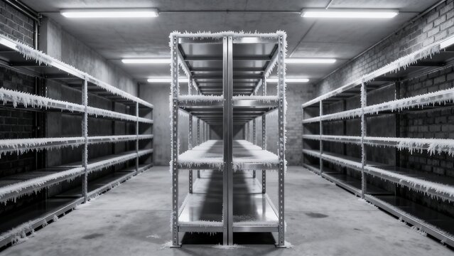 Empty industrial storage room with frost