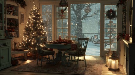 Fototapeta premium Festive figure in traditional attire enters a cozy dwelling during a snowy evening