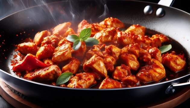 spicy chicken pieces sprinkled with red spice in a wok sizzling cooking action with rich color and appetizing texture realistic food detail no logos