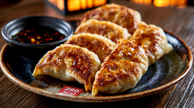 Goldbraun gebratene Gyoza-Teigtaschen auf einem dunklen Tablett mit So&szlig;enschale auf einem Restauranttisch.