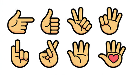 Obraz premium Colorful Hand Gesture Emoji Vector Set – Pointing Fingers, Peace Sign, Like, and Social Reaction Icons