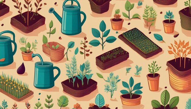 seed cultivation for sustainability seamless pattern seed packets sprouting plants farmers sowing seeds watering cans and agriculture symbols arranged in a