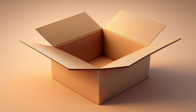 a 3d render of an open cardboard box with lifted flaps showing its simple light brown structure and empty interior