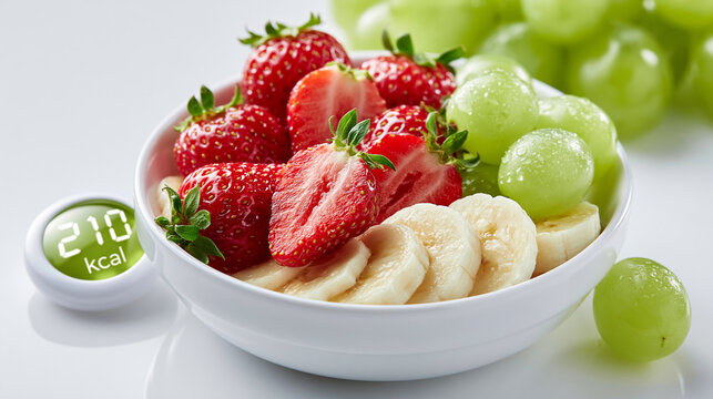 Eine Glassch&uuml;ssel mit frischen Erdbeeren, Bananen und gr&uuml;nen Weintrauben steht neben einem leuchtenden digitalen Kalorienanzeiger mit &bdquo;210 kcal".