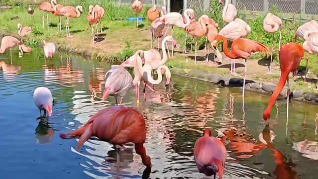 Pair of flamingos fighting in the lagoon water, Tropical Bird, Zoo Avian Wildlife, Safari Wilderness, Feather Animal