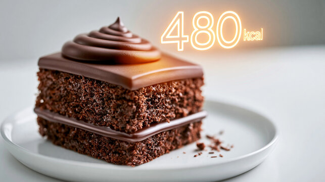 Ein rechteckiges St&uuml;ck Schokoladenkuchen auf einem wei&szlig;en Teller mit einer leuchtenden Kalorienangabe &bdquo;480" im Hintergrund.