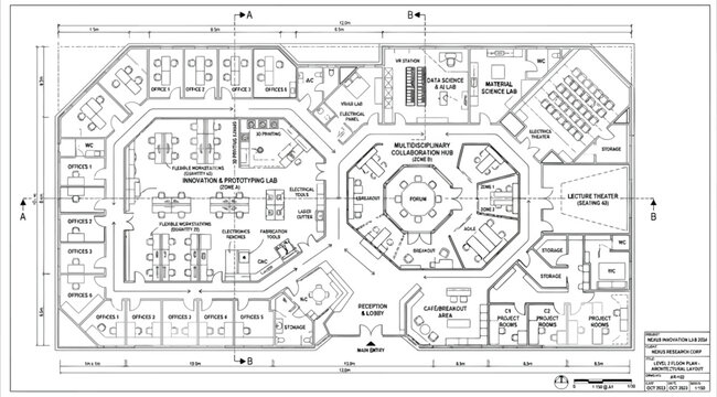 Complex office floor plan with central hexagonal core and peripheral private offices