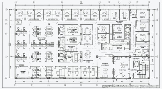 Detailed floor plan of a large corporate office suite with multiple meeting rooms and workstations