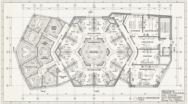 Detailed architectural floor plan featuring a central hexagonal workspace and surrounding offices