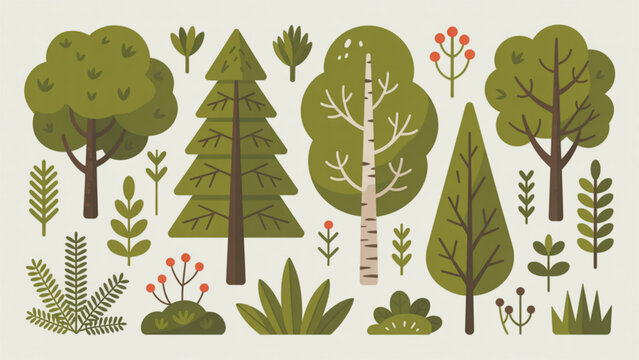 Colorful set of flat style trees and forest elements illustration