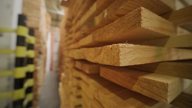 A large industrial warehouse featuring a forklift operating among stacks of dried wooden planks prepared for further furniture or flooring production