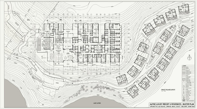 Detailed architectural site master plan for a hillside resort