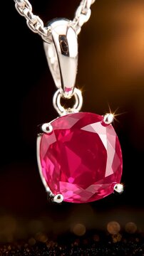 Extreme macro slow motion, a brilliant red ruby gemstone silver pendant necklace swinging flawlessly, heavily reflecting and glowing with pristine, delicate warm light, 4k.