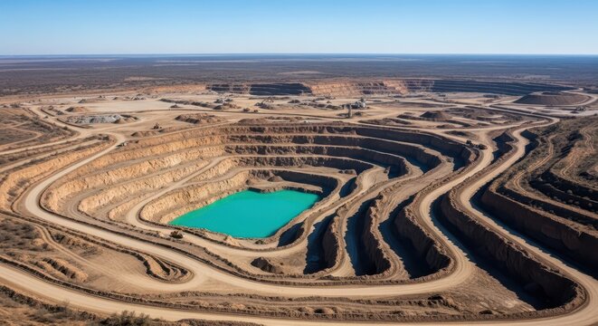 Aerial View of a Large Open Pit Mine with Turquoise Water Pool in the Center of an Arid Landscape