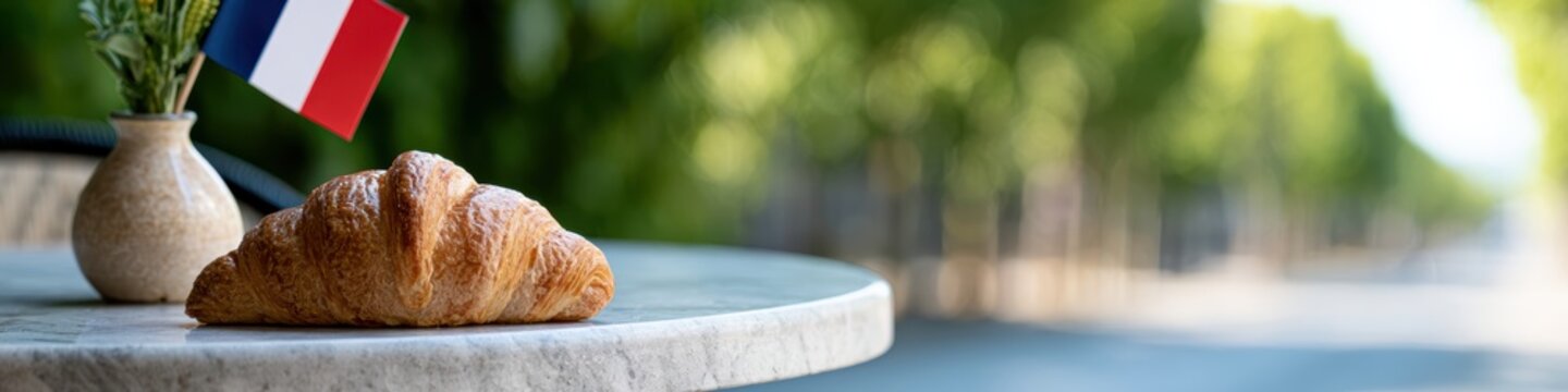 french caf scene, a parisian caf honors july th with a classic bistro table, french flag, croissant, and sunny boulevard for marketing