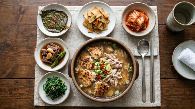 An angled close up of a boiling clay pot with Nurungji-tang scorched rice soup, served with fluffy steamed egg, sweet soy braised potatoes, bean sprouts, and kimchi on a rustic wooden table.