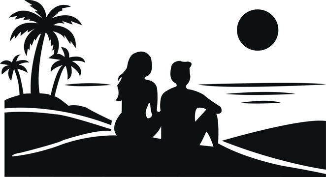 Silhouette of a couple watching sunset on tropical  beach